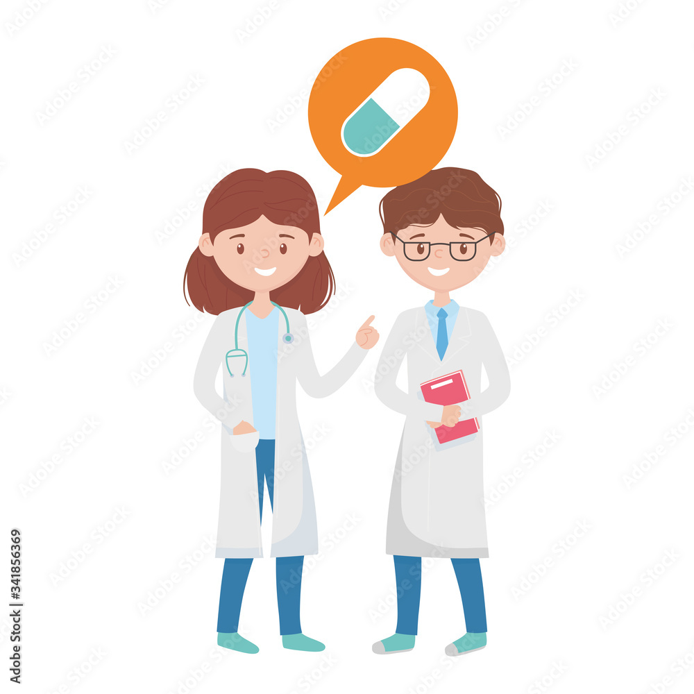 Isolated man and woman doctor with pill bubble vector design Isolated man and woman doctor with pill bubble vector design