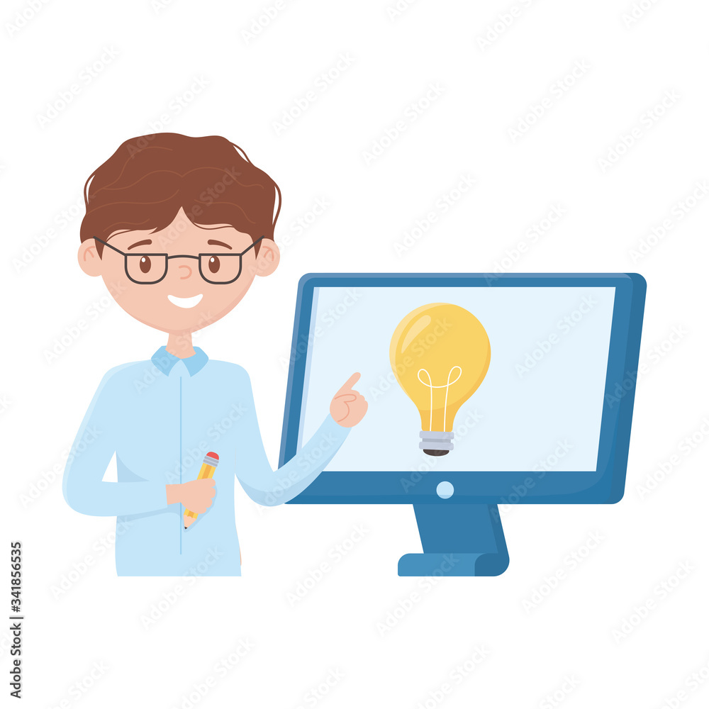 School boy with computer and light bulb vector design School boy with computer and light bulb vector design