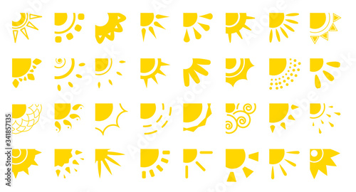 Sun flat cartooon icons set. Sunny corner with rays different shapes for logotype app. Decorative element sign heat day or morning, weather. Simple summer symbol. Isolated on white vector illustration