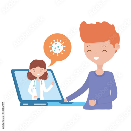 Boy woman doctor laptop and covid 19 virus vector design