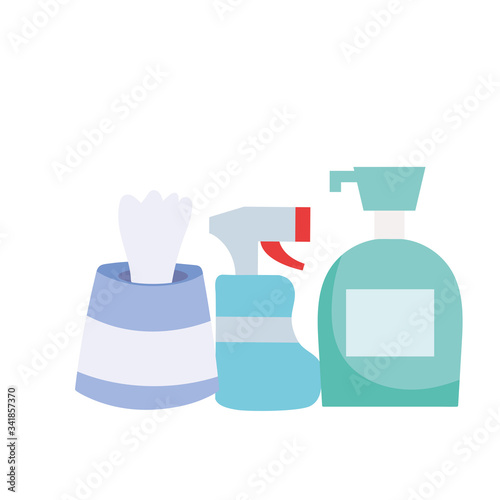 Spray bottle soap dispenser and tissues box vector design