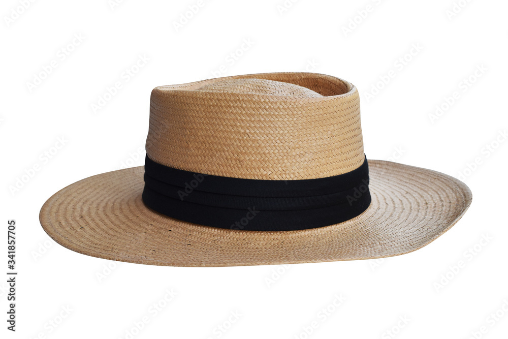 Beautiful straw hat, beautiful with a ribbon and bow on the beach hat, white background