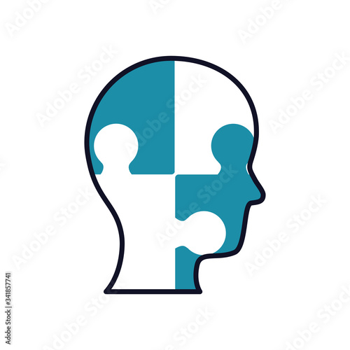 Mental health concept, head with mind jigsaw icon, half line half color style