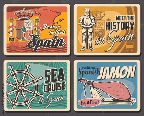 Spain travel agency, vector vintage retro posters, Spanish culture and landmarks tourism. Sea cruises, History museum and traditional jamon food, Barcelona, Madrid and Seville sightseeing tours