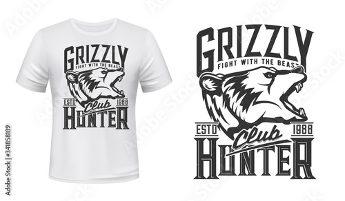 Grizzly bear wild animal, vector t-shirt print, hunter club icon. Hunting sport and outdoor safari adventure beast bear symbol for t shirt