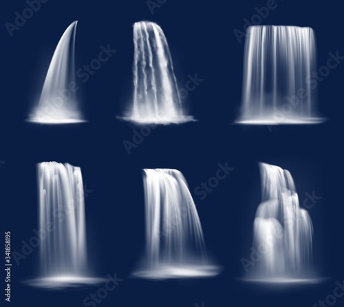 Fototapeta Naklejka Na Ścianę i Meble -  Waterfall cascade, realistic water fall streams, isolated vector pure liquid with fog. River, fountain elements of different shapes for natural design. 3d falling waterfall, streaming water jets set
