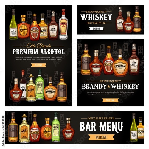 Bar menu vector banners and posters, premium quality brand alcohol drink bottles sketch. Pub whiskey, rum and absinthe, wine and scotch, tequila, vermouth and cocktail liquor drinks bottles photo