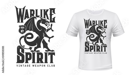 Gothic dragon griffin t-shirt print, vintage weapon and shooting club vector icon. Sport and outdoor hunting adventure dragon, gryphon monster symbol for t shirt