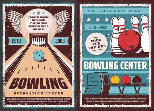 Bowling center, vector vintage retro posters, entertainment games and leisure sport. Bowling ball and pin on lane in strike, premium quality entertainment club