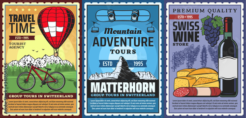 Switzerland travel agency, vector vintage posters, culture, traditions and landmarks city tours. Swiss wine and cheese tasting, alpine mounting skiing adventure, Switzerland hot air balloon trips