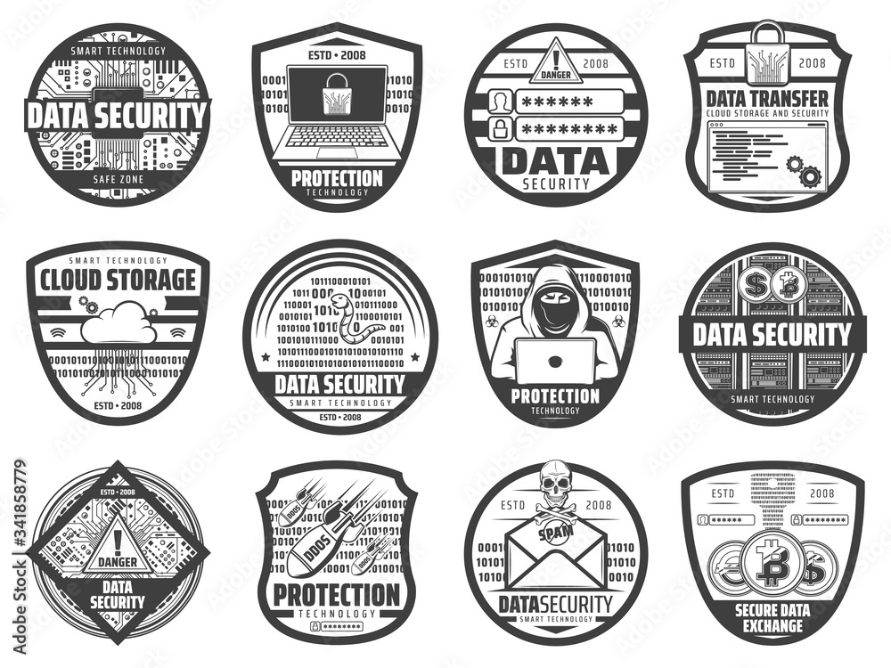 Obraz premium Internet data security, information and cloud storage access protection, vector icons. Secure bitcoin cryptocurrency transaction, hacker attack and spam, private data storage and web security systems