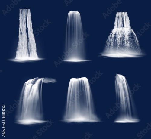 Waterfalls and water fall cascades realistic vector design of mountain river streams falling down with splashes  fog or mist and drops. Ledge  plunge and horsetail waterfalls on blue background