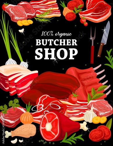 Butchery shop meat food, vector poster, farm gourmet delicatessen products. Butcher store pork bacon, meat chops and beef steak, roastbeef, brisket fillet and jamon with mutton ribs and cooking spices
