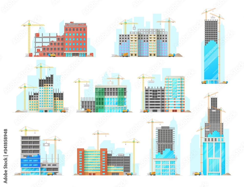 Skyscrapers building construction isolated cartoon vector icons set. Working cranes put stone blocks on buildings facade, concrete mixer and lorry with sand riding on site. Urban housing build process
