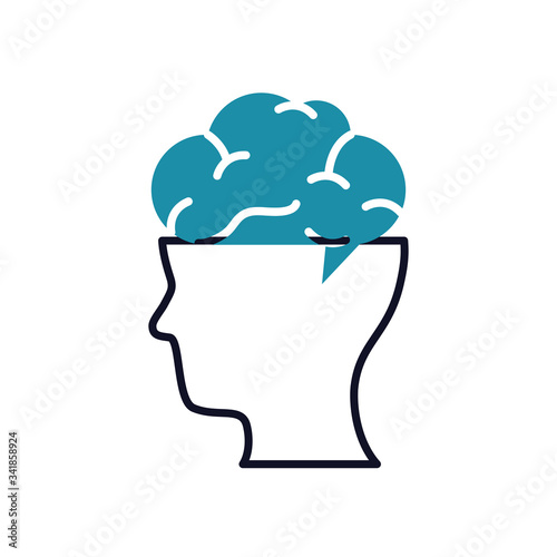 mental health concept, brain on human head icon, half line half color style