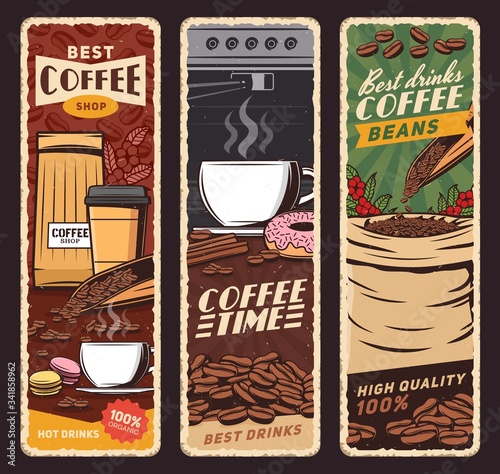 Coffee shop vector vintage banners, cafeteria and cafe menu. Coffee machine and cups of hot cappuccino, espresso and americano, latte and frappe with donut and macaron sweet desserts