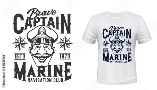 Marine T-shirt print, captain in hat with anchor, vector grunge navy blue template mockup. Sea and ocean ship and seafaring navigation club sign with blue grunge compass or wind rose emblem