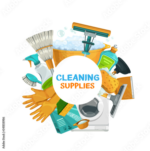 House cleaning supplies, laundry and home washing vector tools. Housework washing machine and detergent, window wash sponge and cleaner spray, liquid soap, floor mop, broom and toilet plunger