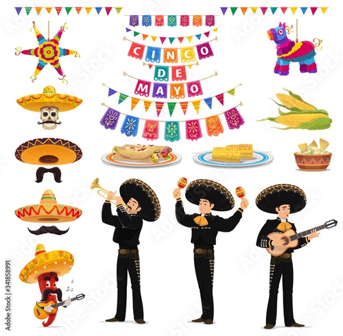 Cinco de Mayo fiesta vector food, musician, sombreros, pinatas, guacamole and enchiladas. Mexican holiday chilli pepper and skull characters, mariachi hats, maracas, guitar, papel picado flags, nachos photo