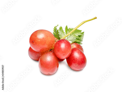 Fresh red grapes isolated on white background, Red grapes with fresh leaves, isolated on white background