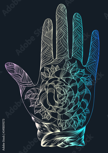 Vector drawn tattooed arm with a rose and weave patterns. Ornamental decorated graphic illustration yoga hand. Design card, print on t-shirt. Pattern mehndi colorful neon art line on a dark background