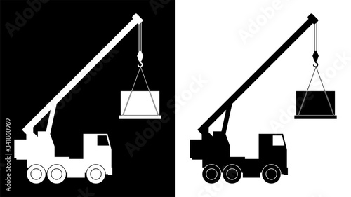 Icon, construction crane with a load. Black white isolated vector
