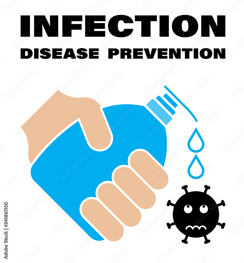 colored sign, hand holds a bottle, a tube of liquid soap. Drops drip onto the virus. Disinfection and prevention of infection by bacteria and viruses. Vector on a white background