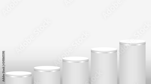 pedestal cylinder circle five steps for cosmetics showcase, podium circle stage white grey and silver color, platform 5 steps and advertising copy space, podium round five layers of product display