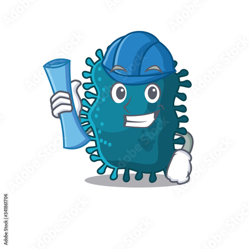 Cartoon character of clostridium brainy Architect with blue prints and blue helmet