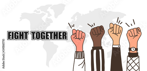 Fight together. People raised fist in-air on world map background. Concept virus corona pandemic. Vector illustration.