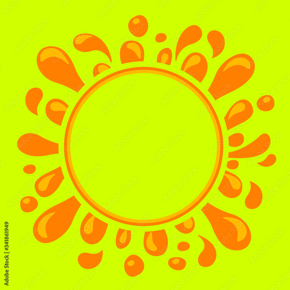 Obraz premium orange juice water splash and circle for copy space, water blob orange flat isolated on lemon green, orange juice splash flow, juice drop splatter simple for package design, blob splash for banner