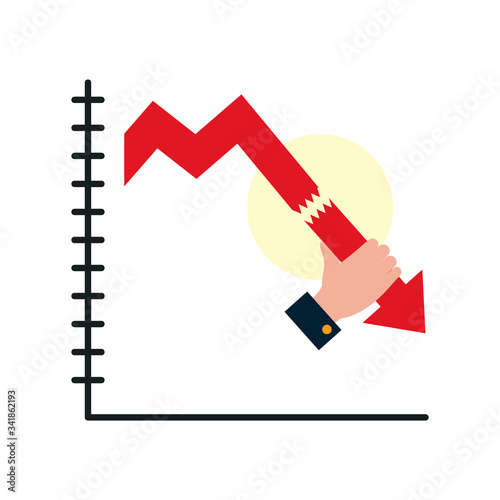 financial chart with hand holding a descending broken arrow, colorful design