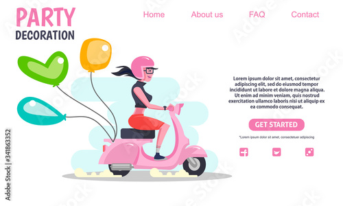 Landing page design. Beauty girl  riding pink scooter vintage motorcycle carrying balloon decoration company. Web banner design, scooter club, Flat style illustration. Scalable and editable vector.
