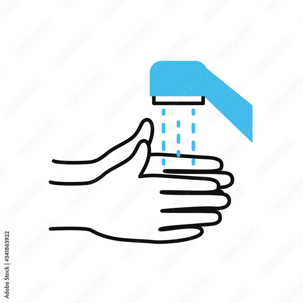 hands washing with water of faucet, half color half line style