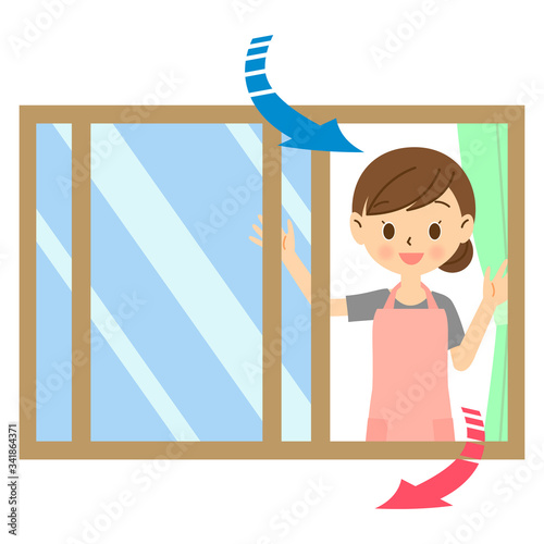 部屋の換気をする主婦　01

