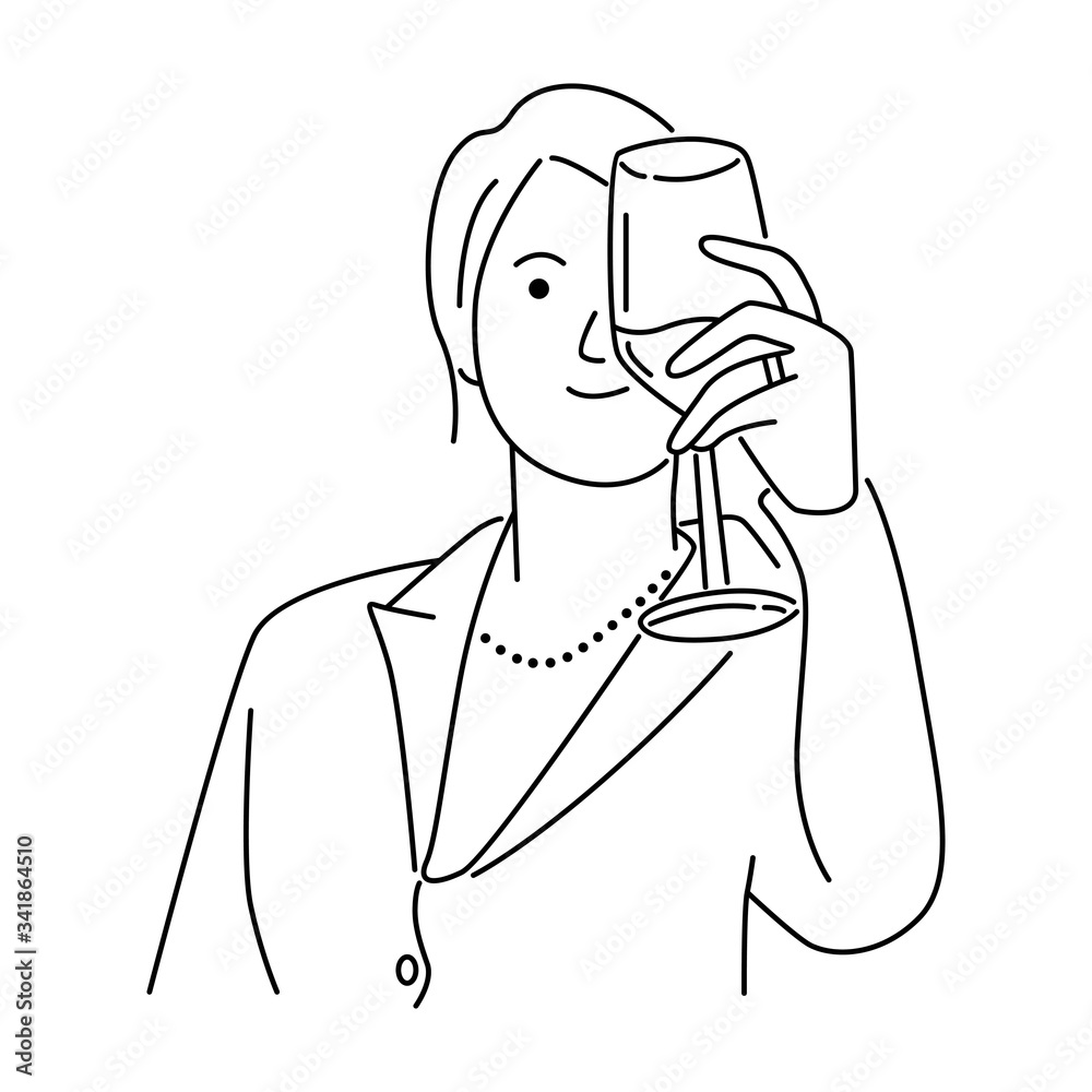 Vector illustration of the beautiful girl holding glass of wine. Line art vector illustration Vector illustration of the beautiful girl holding glass of wine. Line art vector illustration