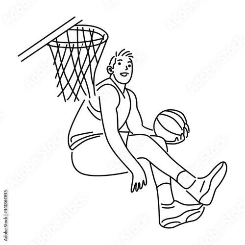 Basketball player dunking graphic vector. Line art vector illustration isolated on white background