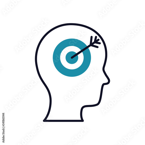 Mental health concept, target icon inside human head, half line half color style