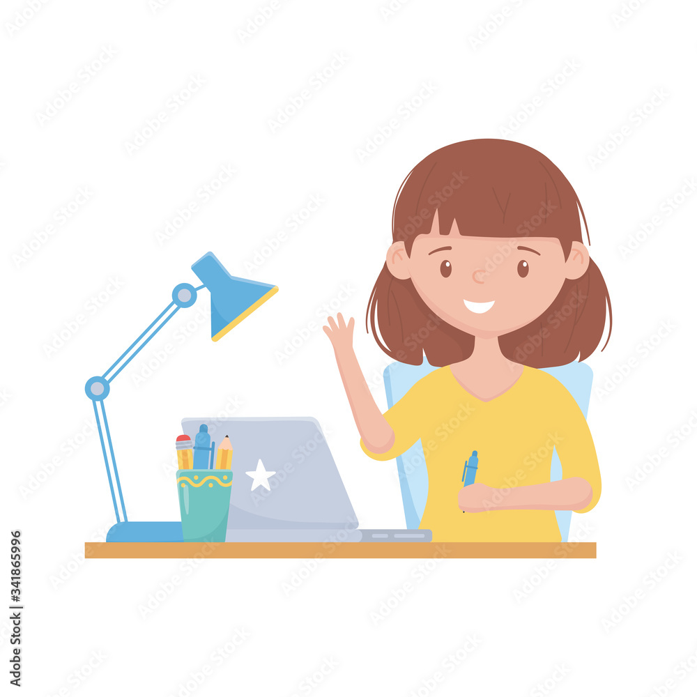 School girl with pen laptop lamp and pencils mug vector design School girl with pen laptop lamp and pencils mug vector design