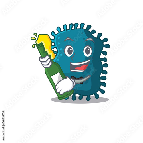 Mascot character design of clostridium say cheers with bottle of beer