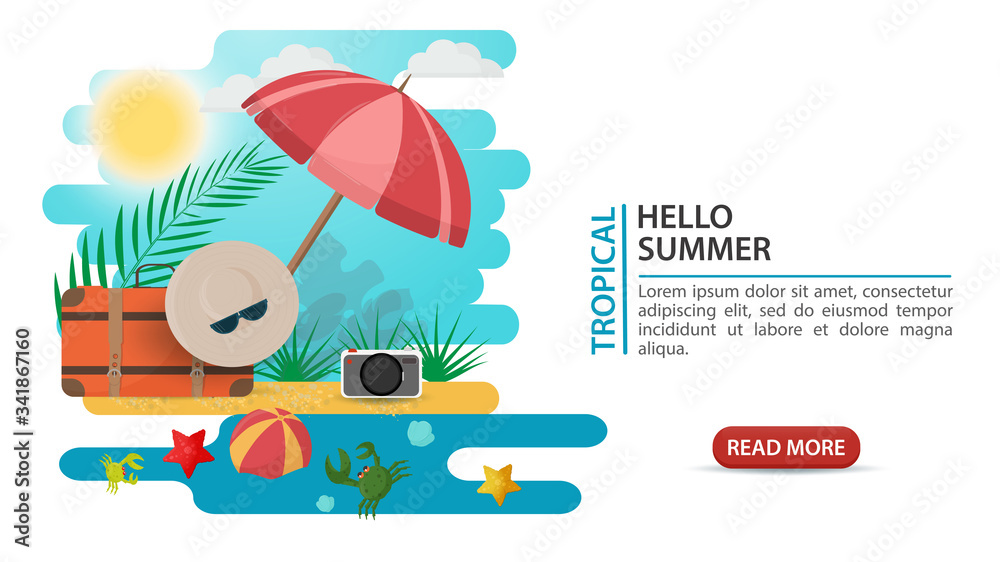 banner advertising summer vacation travel suitcase hat under a sunshade on a sandy beach for decoration design flat vector illustration cartoon