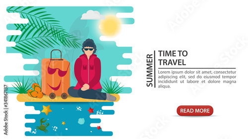 banner advertising summer vacation girl with glasses sitting on her lap next to a travel suitcase on a sandy beach for decoration design flat vector illustration cartoon