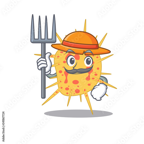 Cartoon character design of mycobacterium kansasii as a Farmer with hat and pitchfork