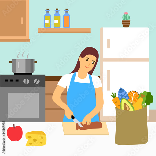 Young woman enjoy cooking in the kitchen. She is slicing meat and preparing dinner for her family. Kitchenware and furniture. Kitchen interior flat design.