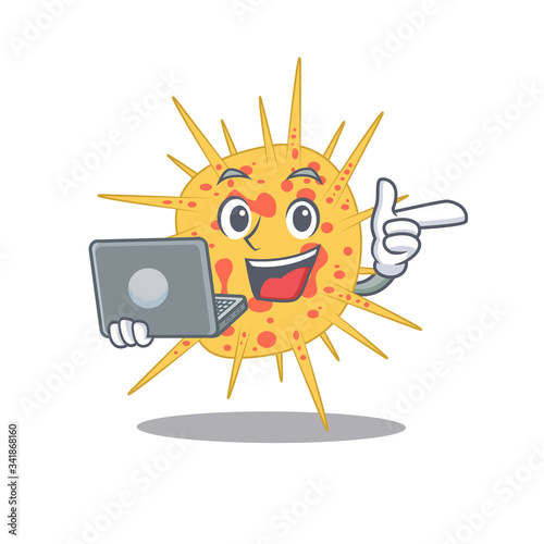 Cartoon character of mycobacterium kansasii clever student studying with a laptop
