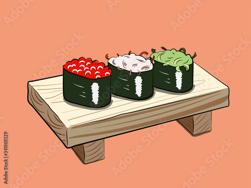 Illustration of sushi set on wooden plate