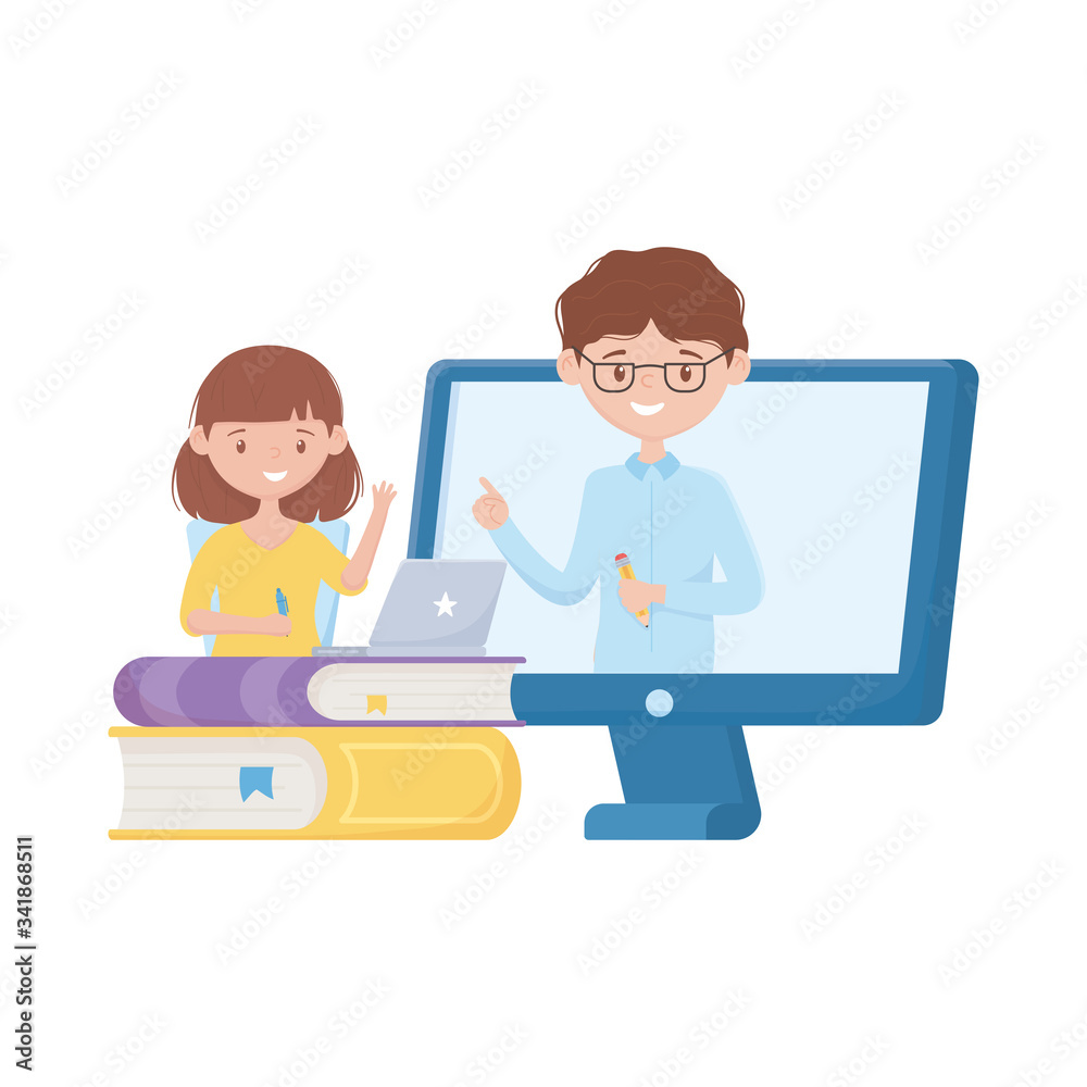 School girl boy computer and books vector design