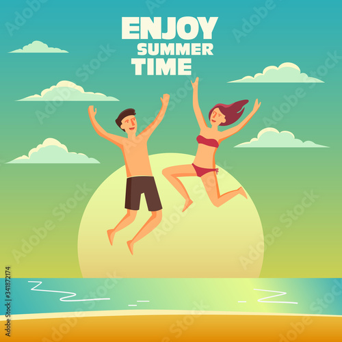 Group of happy, young people jumping on a sandy beach. Travel, vacation, holidays and adventure vector concept illustration. Beach sunset background. Poster design style