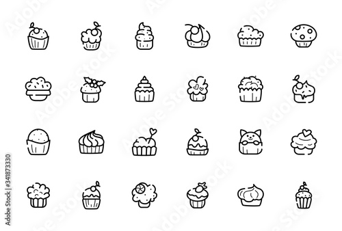 Outline cupcakes icon set - vector isolated symbols or pictograms on white, sweet food or desserts icon suitable for application, web site. Line cakes, muffins or bakery products illustration