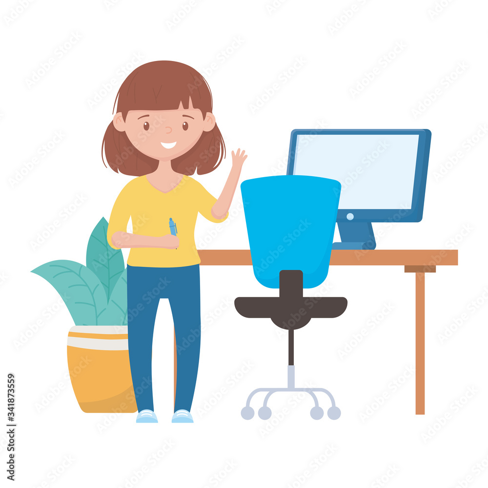 School girl with pen desk chair computer and plant vector design School girl with pen desk chair computer and plant vector design